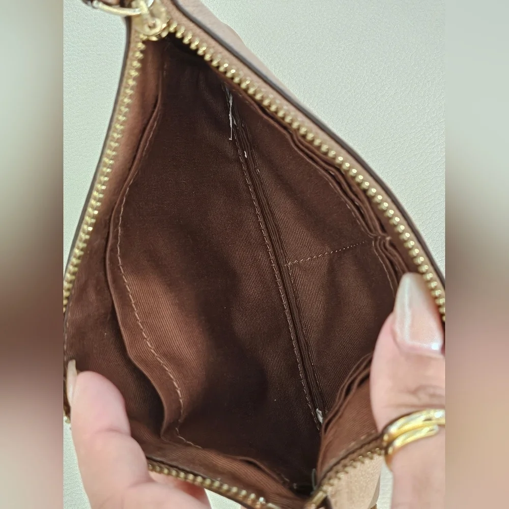 Coach Brown Saffiano Leather Wristlet Zip Pouch Gold Logo Strap.